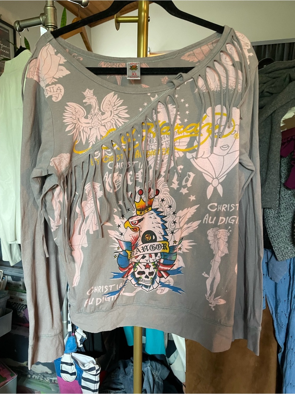 Ed Hardy Y2K Grey Long-Sleeve Fringe Graphic Ling Sleeve Top
